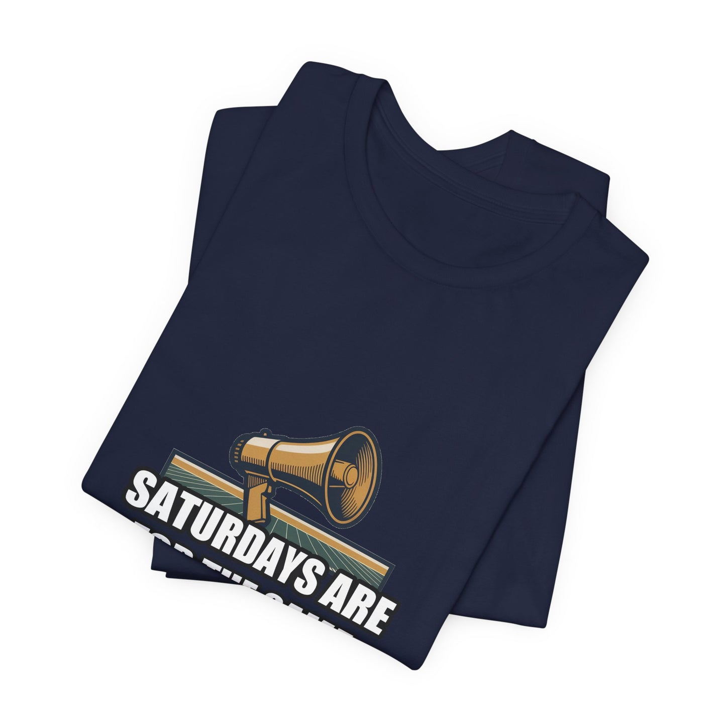 Vintage Gameday Megaphone Football Field Tee - Retro Navy & Gold Sports Broadcast Sticker Shirt